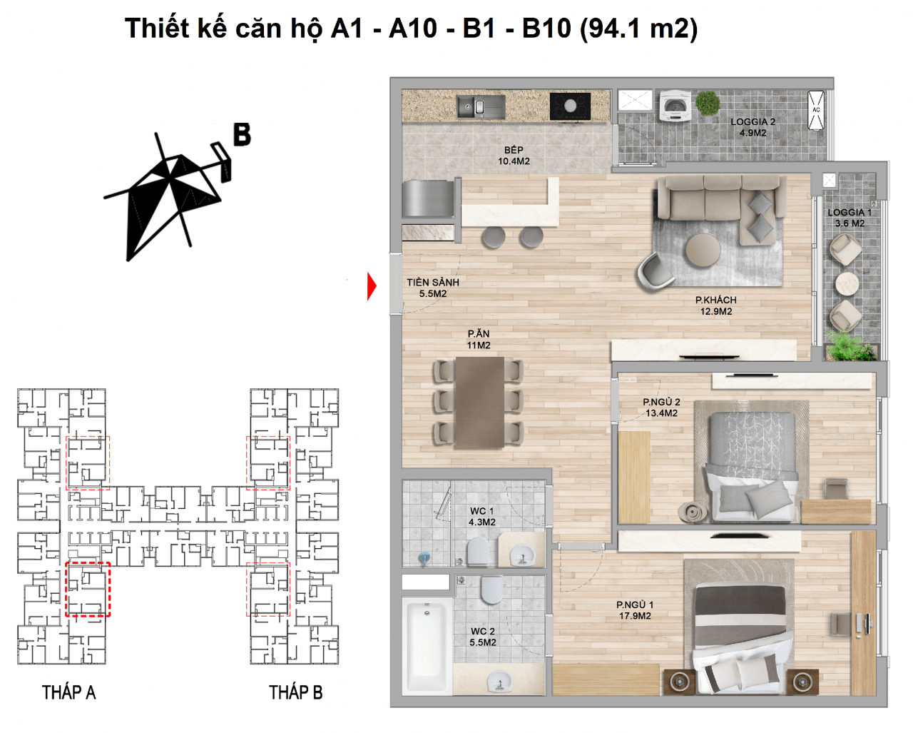 Căn hộ 2 Phòng ngủ 94m2 - Chung cư The Zei Mỹ Đình