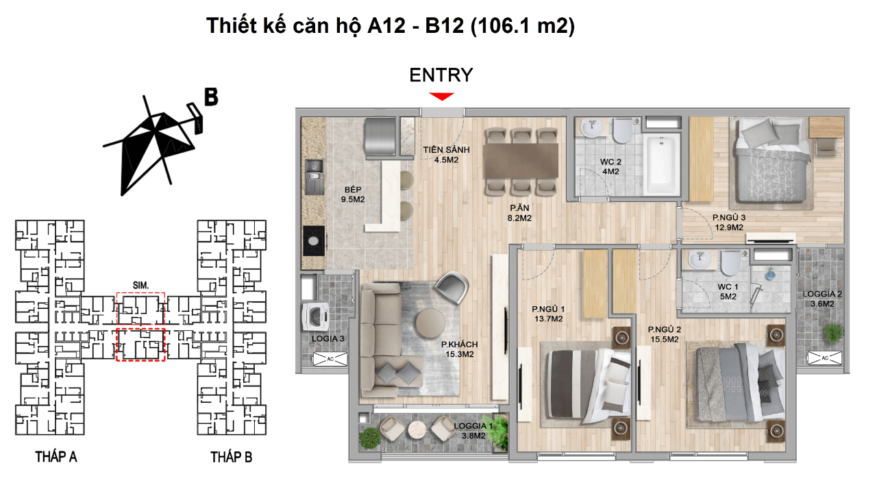 Căn hộ 3 Phòng ngủ 106,1m2 - Chung cư The Zei Mỹ Đình
