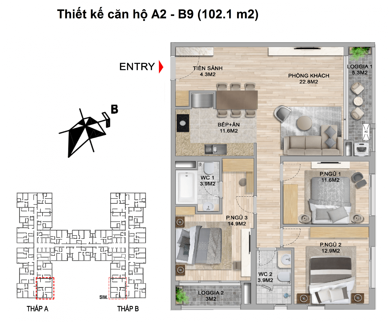 Căn hộ 3 Phòng ngủ 102m2 - Chung cư The Zei Mỹ Đình