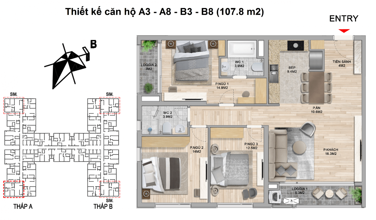 Căn hộ 3 Phòng ngủ 107,8m2 - Chung cư The Zei Mỹ Đình