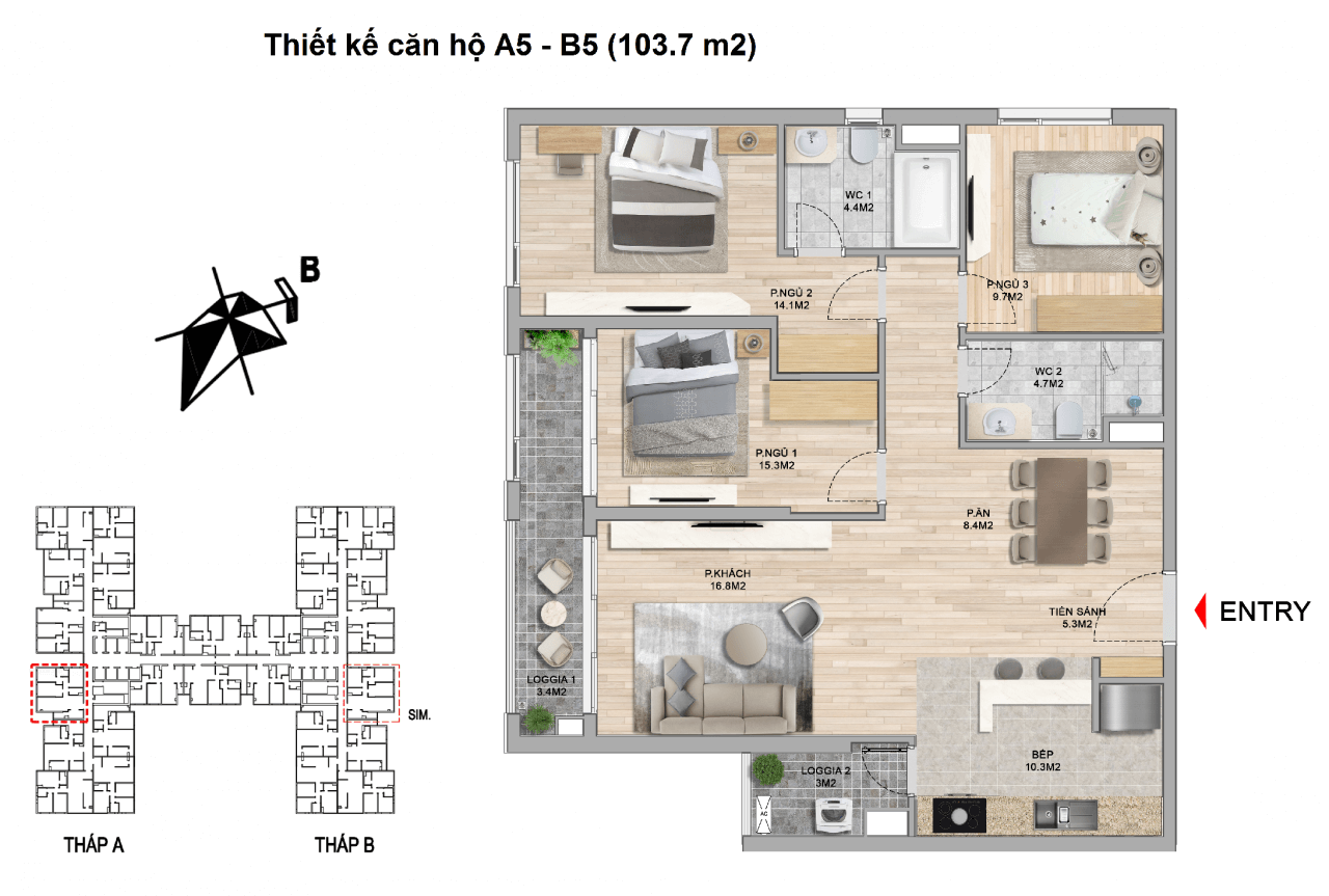 Căn hộ 3 Phòng ngủ 103,7m2 - Chung cư The Zei Mỹ Đình